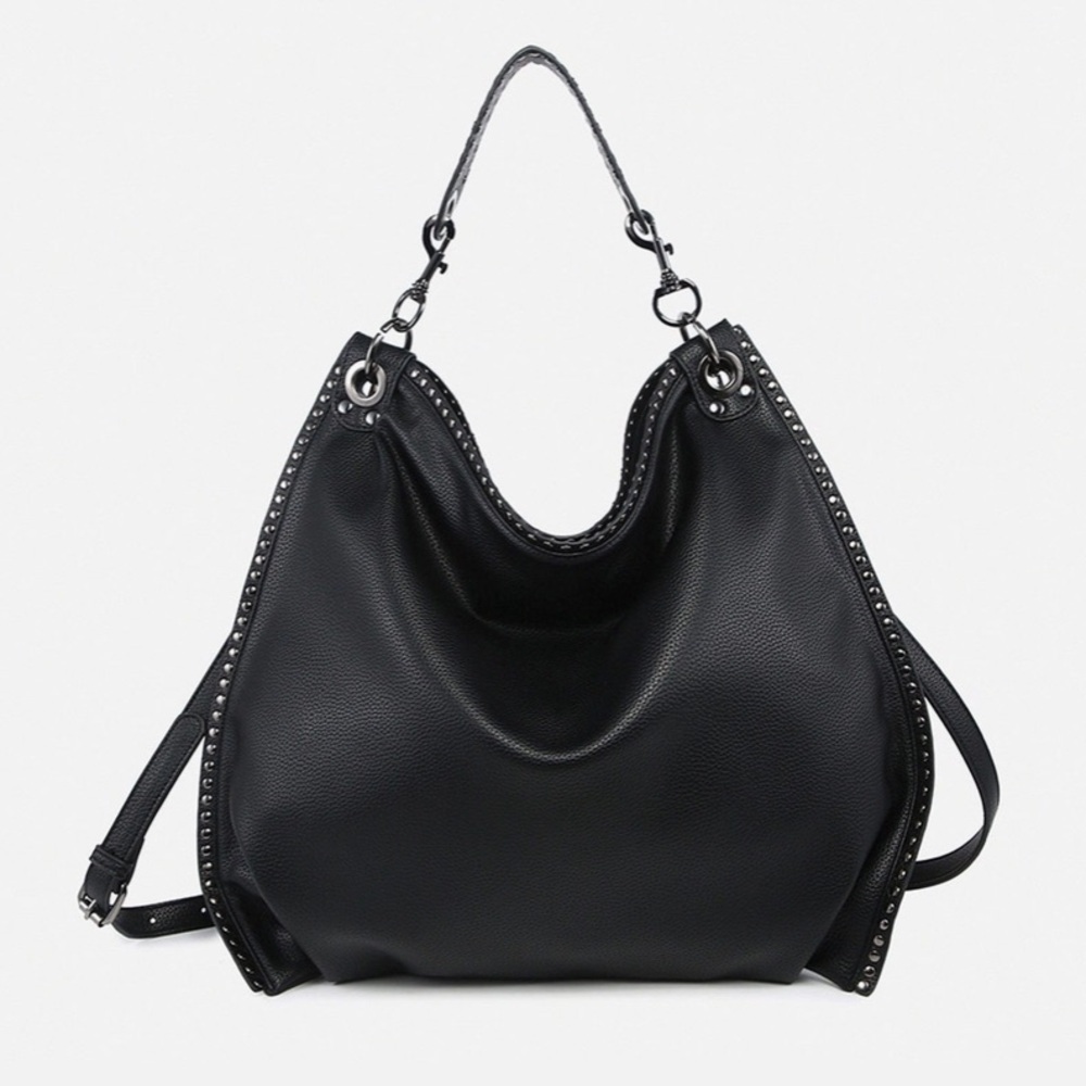 Hobo Handbag Jen & Co vegan black gold adjustable Carly Studded Shoulder Bag NEW